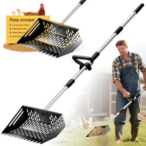Pugala 5-in-1 Large Chicken Poop Scooper & Rake 24" to 68" Long Adjustable Stainless Steel Handle, 10" Wide Metal Sifting Shovel Head Heavy Duty Chicken Coop Cleaning Tool for Litter & Sand,Black