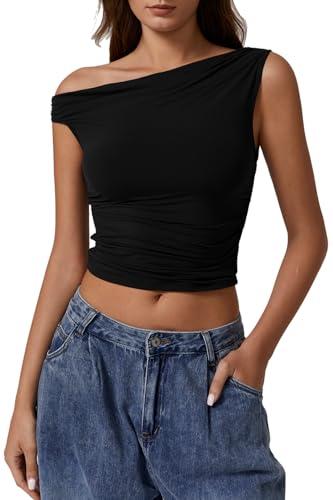 QINSEN Woman's One Shoulder T Shirt Double Lined Sleeveless Tee Slimming Fit Crop Top Black S