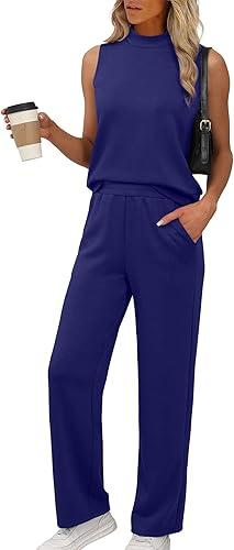 XIEERDUO Two Piece Sets for Women Summer Outfits Travel Mock Neck Lounge Sets Wide Leg Pants Beach Vacation Clothes (Medium)