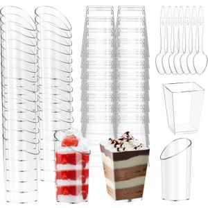mwellewm 150 Packs Mini Dessert Cups with Spoons, Clear Plastic Dessert Parfait Cups for Parties, Dessert Shooters Fruit Ice Cream Pudding Appetizer Cups (Oval, Square,3oz, 5oz)