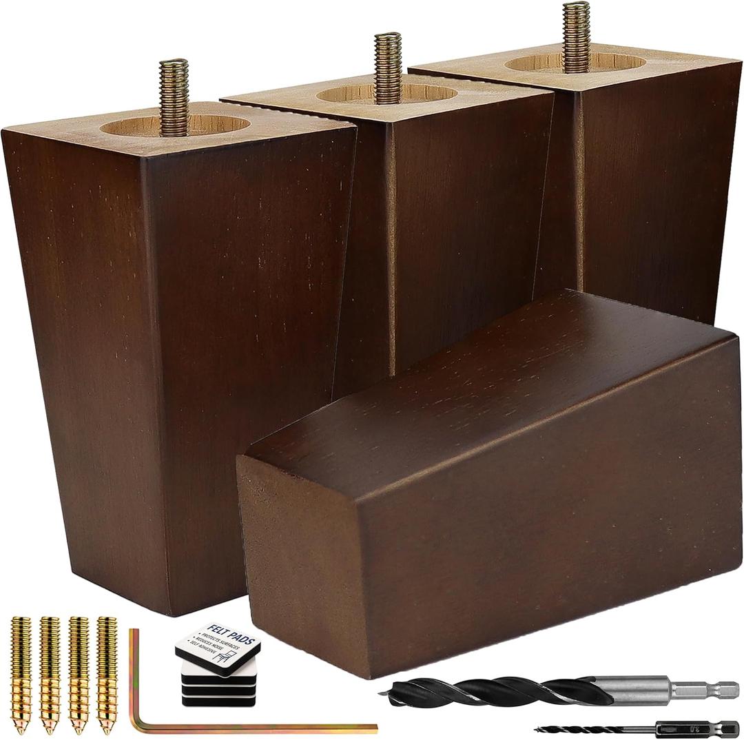 Airy Abode Premium Walnut Square Furniture Legs (Full Install Kit) - Pick Your Size and Color (5 Inches, Brown)
