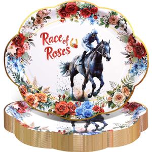 3 x Fancy Land Derby Day Oval Paper Plates Disposable Kentucky Horse Racing Platters Race of Roses Themed Tableware Dinnerware for Birthday Party Decorations 10 x 12 Inches 24Pcs