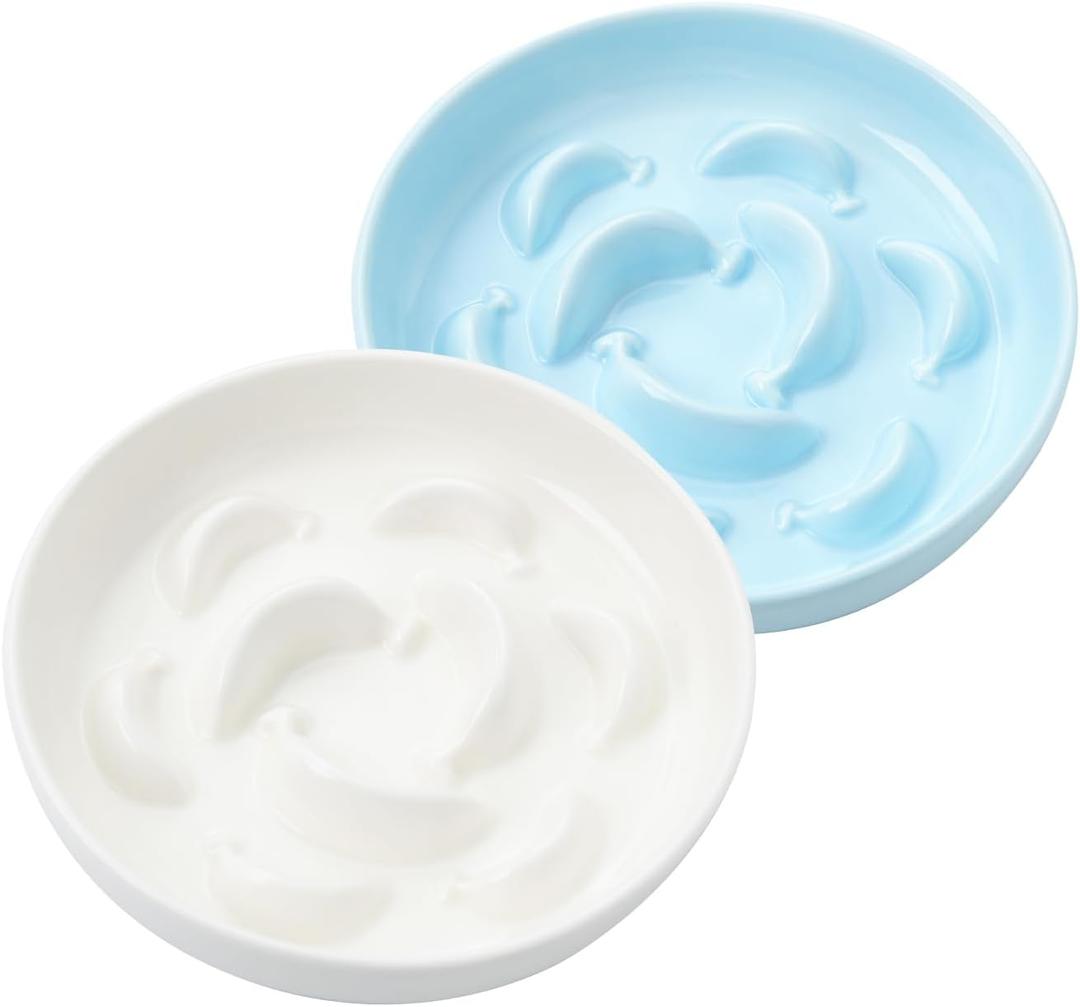 Cat Slow Feeder Bowl Set - 2 Pcs Ceramic Cat Food Plates for Slow Eating - Double Cat Dish for Dry Wet Food - Slow Feeding Cat Bowls Whisker Friendly - Microwave and Dishwasher Safe - White and Blue