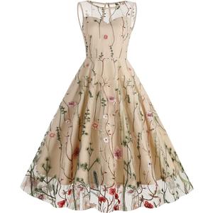 Women Keyhole Floral Embroidery Dress Sheer Mesh Illusion Vintage Cocktail Swing Dress Wedding Party Prom Tulle Evening Dress (Medium, Apricot)