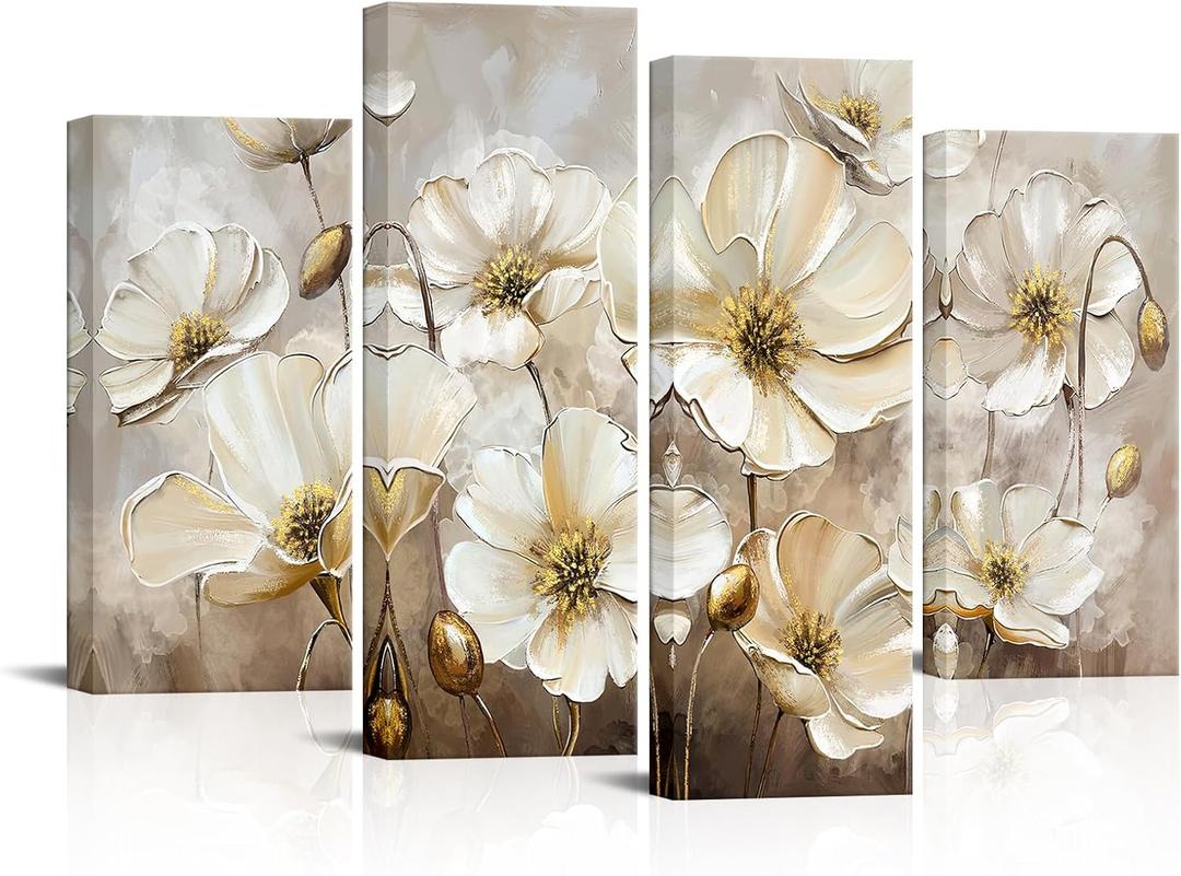 HOMEOART Flowers Wall Art For Living Room Rustic Flower Painting Prints Farmhouse Living Room Bedroom Decor, Framed Large 4 Pieces 48x34 inch, Brown and Gold, 4 Panels Overall: 34 H X 48 W Inch
