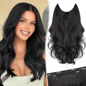 KooKaStyle Invisible Wire Hair Extensions Long Wavy Layered Synthetic Hair Extensions with Transparent Wire Adjustable Size 6 Secure Clips Black Hairpieces for Women 16 Inch