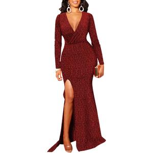 BestGirl Formal Long Sleeve Dress for Women Sequin Bodycon Ruched Sparkly Dresses XL, Red
