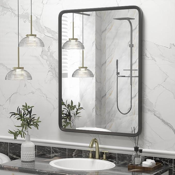 GOLOMO 22x30 Inch Silver Bathroom Mirror, Brushed Silver Metal Frame Mirror, Rounded Rectangle Bathroom Vanity Mirror, Shatterproof, Anti-Rust (Horizontal/ Vertical)
