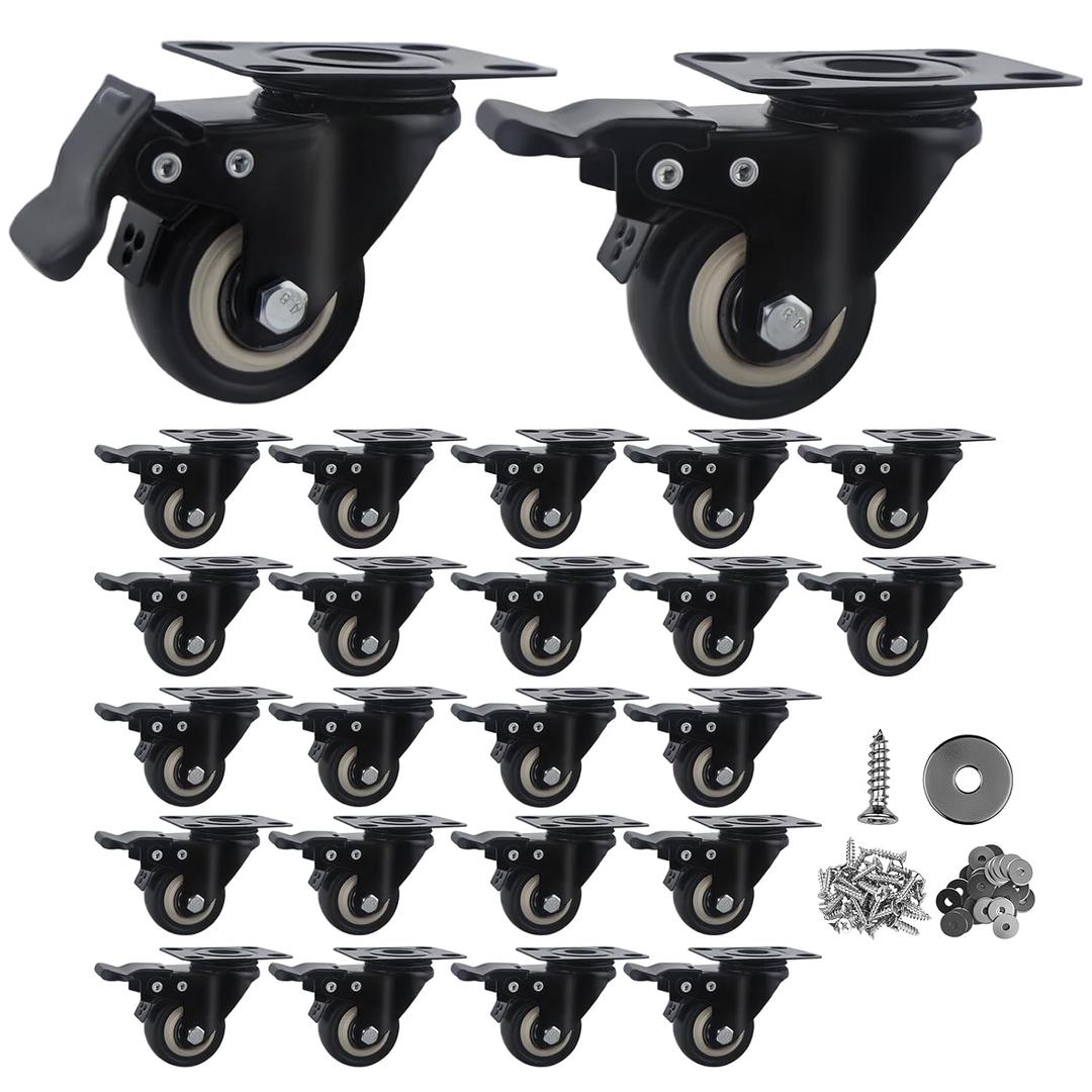 2 Inch Caster Wheels Set of 24 Heavy Duty Casters,with Brake,No Noise Locking Polyurethane (PU) Wheels, for Furniture and Workbench Load 800lbs