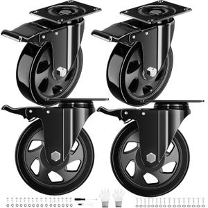 4 Inch Caster Wheels Heavy Duty 2200Lbs, Casters Set of 4 with Safety Dual Locking, Swivel Industrial Plate Casters, No Noise Wheels for Cart, Furniture(Bonus of 2 Hardware Kits & Gloves)