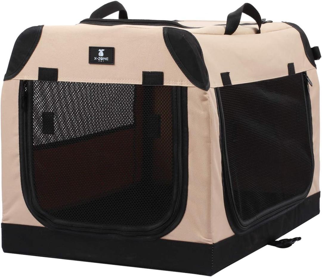 X-ZONE PET 3-Door Portable Soft-Sided Folding Soft Dog Travel Crate Collapsible Pet Kennel,XX-Large, 40 x 27 x 27 Inches,Tan