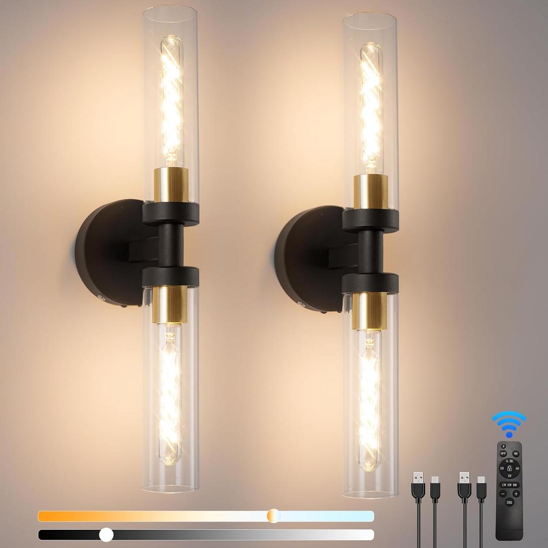 Battery Operated Wall Sconces, Wall Sconce Set of 2, 3000K-6500K Black Rechargeable Wall Lamp with Remote, Indoor Non-Hardwired Wall Lamps, Modern Vanity Light for Bedroom, Living Room, Aisle