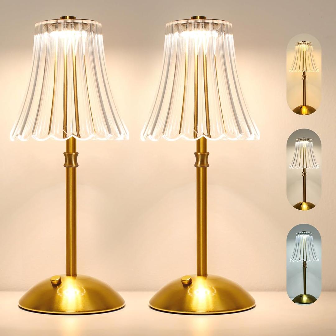 2 Pack Touch Cordless Table Lamp Rechargeable, 3600mAh Battery Operated Small Crystal Lamp, 3 Color Dimmable Vintage Gold Table Light for Bedroom/Kitchen/Gift for Home Dcor (Art Decor)