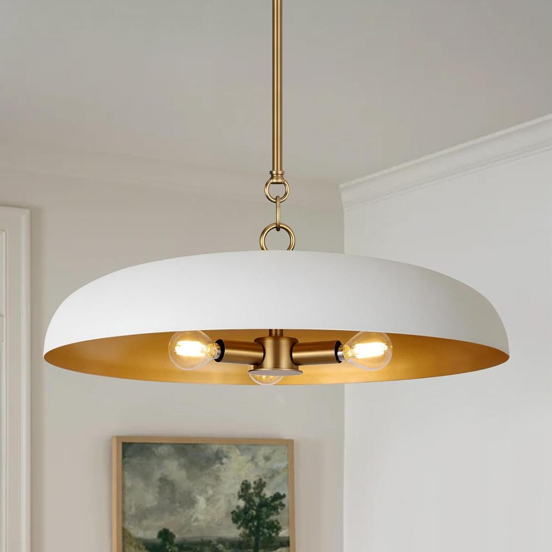 LamQee 20 Inch Oversized Large Pendant Lights, 3-Lights White and Gold Dome Chandelier, Mid Century Modern Metal Pendant Lighting Fixture Ceiling Hanging for Kitchen Island Dining Room Over Table Bar, 19.7 Inch