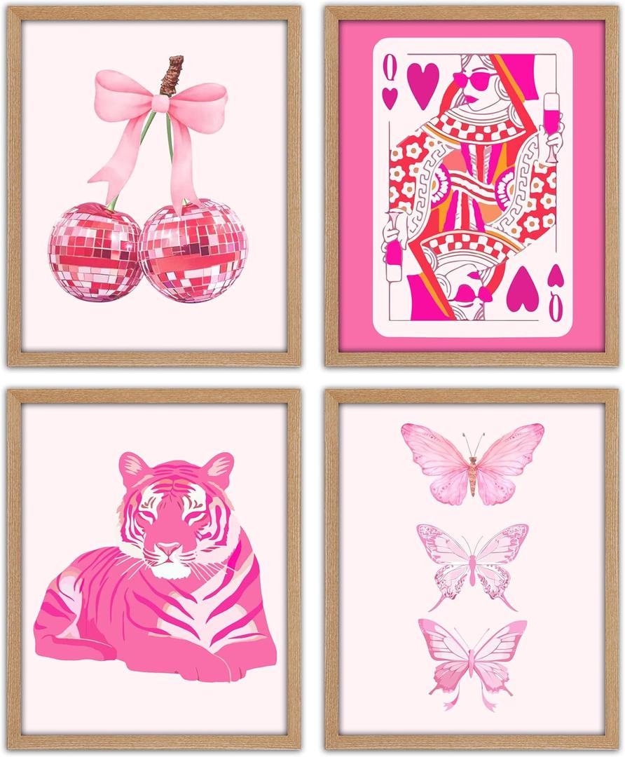 4 x Pink Wall Art Posters Prints For College Dorm Bedroom, Preppy Room Pictures Decorations, Coquette Room Decor For Wall, Aesthetic Y2k Picture Posters Set Of 4, Unframed 810 Inches -04