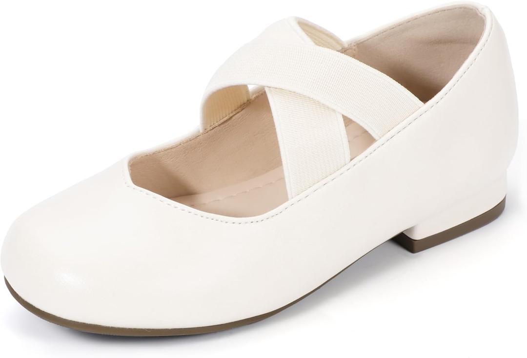 PANDANINJIA Girls Dress Shoes Ballet Flats Mary Jane Elastic Cross Strap Little Big Kid Low Heels Flower Girl Shoes (Ivory)