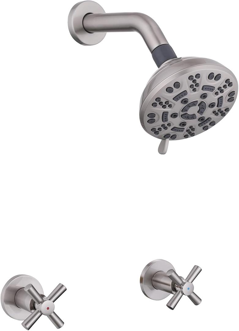 2 Handle Shower Faucet,Wall Mounted Two Handles Shower Faucet Set with 8 Modes Rainfall Shower Head,2 Knobs Single Function Shower Trim Kit with Rough-in Valve,Brushed Nickel
