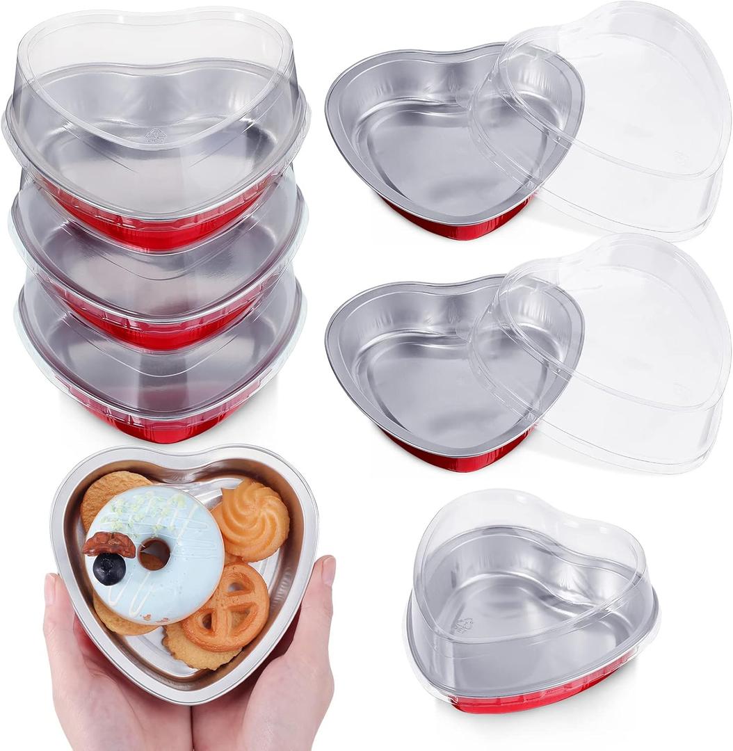 Nuogo Mother's Day 5" Aluminum Foil Heart Shaped Cake Pans with Clear Lids 225 Ml/ 7.92 oz Heart Cake Pan Disposable Baking Cupcake Mini Containers for Food Party(6 Sets)