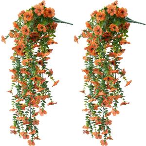 Artificial Hanging Flowers for Outdoors, 2 Pcs UV Resistant Artificial Outdoor Plants, No Fade Fake Hanging Plant with Silk Flowers for Outdoor Planters for Home Garden Porch Yard Decor, Orange