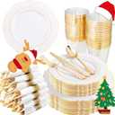 Liacere 350PCS Gold Plastic Plates-Disposable White and Gold Plates 50guest Baroque Plastic Dinnerware include 100Plates, 50Pack Pre Rolled Napkins with Silverware 50Cups for Wedding&Christmas