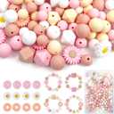 150 Pcs Boho Daisy Silicone Beads Bulk Set, 12mm & 15mm Round, 14mm Hexagon, 20mm Daisy, 4 Colors Pink Flower Loose Silicone Focal Beads for Necklace Bracelet Pens Making