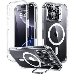 ESR for iPhone 16 Pro Case with Stand, Camera Control Button Compatible with MagSafe, Full-Body Military-Grade Drop Proof Case with Built-in 9H+ Tempered Glass Screen Protector, Clear