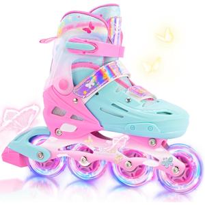 2PM SPORTS Inline Skates for Kids Boys Girls Ages 5-8 8-12 3-5 4-8 6-12 with Light Up Wheels, Adjustable Children's Roller Skates Blades for Toddler Beginner Youth Indoor Outdoor, Size: Large - Youth (Pink Green)