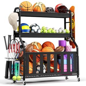 Sports Equipment Organizer, Rolling Ball Storage Cart with Locking Wheels, Hooks & Bat Rack