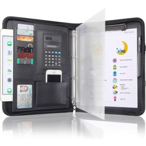 Zipped Portfolio Binders for Men and Women - Leather Padfolio Business Planner Notebook Organizer with Zipper and Calculator- Holder for Tablet, Documents, Cards, Notebook, Notepad