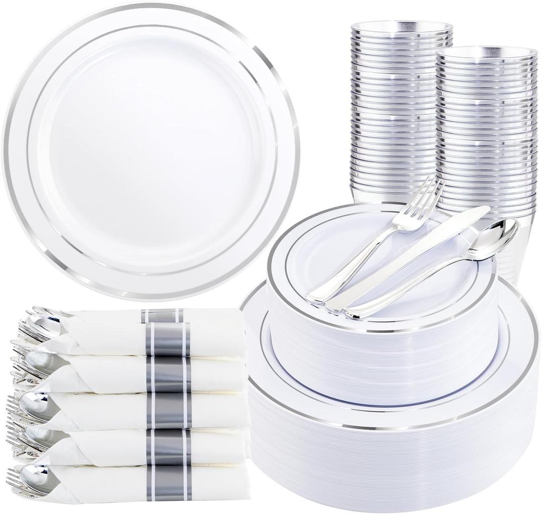 350Piece Silver Plastic Dinnerware Set for 50 Guests - Silver Plastic Plates with Cutlery Include:50Dinner Plates-50Dessert Plates-50Pre Rolled Napkins with Silverware (White and Silver - Modern)