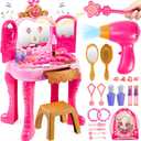 Toddler Girls Vanity Makeup Table with Magic and Lights, Easface Kids Makeup Vanity Table and Stool Set, Toddler Vanity with Hair Dryer, Automatically Mirror, Music for Toddler Girls 3 4 5 6 Years Old