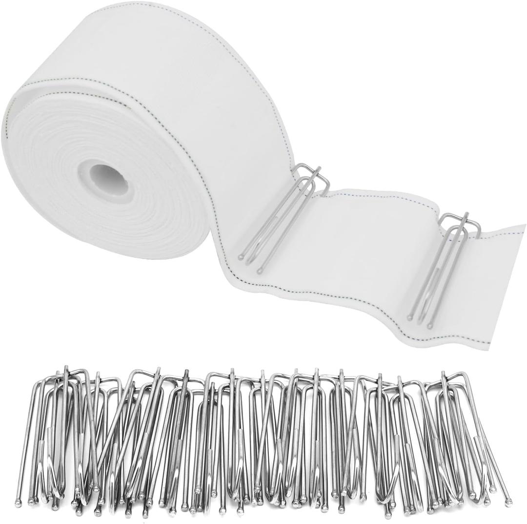 10 Meters/10.9 Yards White Curtain Pleat Tape with 30 Pcs Stainless Steel 4 Prongs Curtain Pleat Hook Clip for DIY Pinch Pleat Tape, Curtain Accessory Curtain Pleater Tape