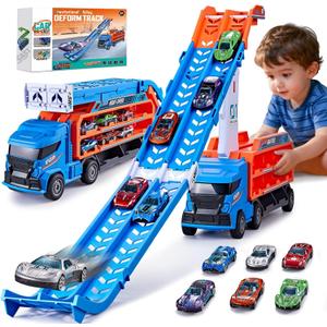 Race Track Truck Toys for 3 4 5 6 Years Old Kids - Carrier Truck Transport Car with 6 Die-Cast Cars Toys, 4-in-1 Truck with 2 Foldable Race Tracks, Christmas Birthday Gifts Toy for Toddler Boys, Blue