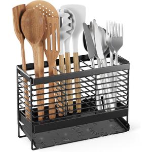 Utensil Holder, Upgrade Stainless Steel Utensil Drying Rack with Automatic Drain Tray for Kitchen Counter, Silverware Cutlery Organizer for Spoons, Forks, Knifes, Chopsticks (Black)