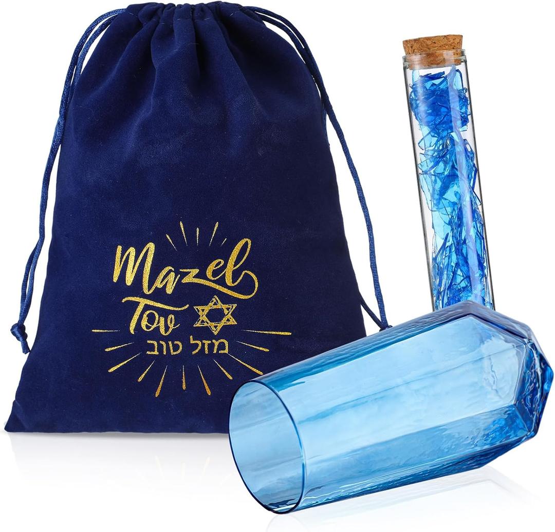 Singhoow 3 Pcs Jewish Wedding Chuppah Breaking Glass Jewish Gifts for Couples Engagement Marriage Anniversary Ceremony Glass Souvenir Vessel Groom with Drawstring Bag(Blue) (Blue wedding cup: blue ,Test tube with cork: transparent ,Bag: dark blue)