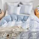 WARMDERN Blue Striped Weave Duvet Cover King Size, White Knit Boho Duvet Cover Set, Microfiber Textured Bedding Set with Zipper Closure and Corner Ties (Blue, King)