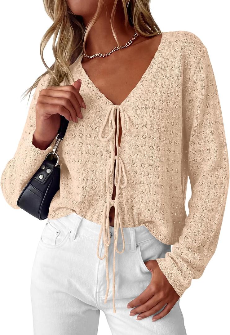 PRETTYGARDEN Womens Tie Front Cardigan 2026 Summer Boho Crochet Knit Cover Up Beach Vacation Hollow Out Lightweight Tops(Beige,XX-Large) 