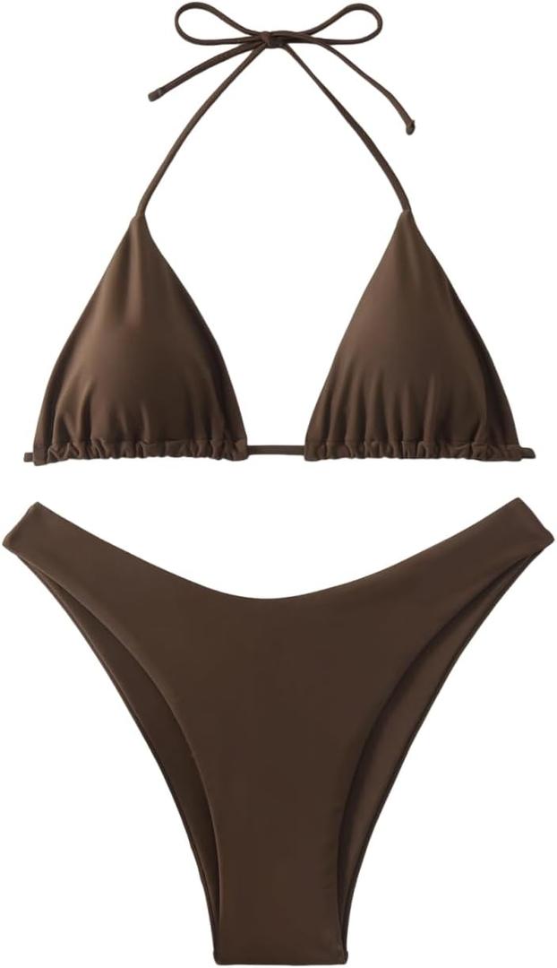 GORGLITTER Women's High Waisted Thong Bikini Set Halter Triangle Tie Back Swimsuit Bathing Suit (Medium, Coffee Brown)