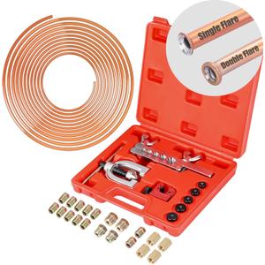 Brake Line Kit, 3/16" Brake Line Flaring Tool Kit, Copper Coated Brake Line (With 16 Fittings and 4 Threads Unions) and Double & Single Flare Tool (With Tube Cutter And 5 Adapters)