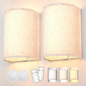 Battery Operated Wall Sconces Set of Two, Rechargeable Wall Lamp with Remote, 3 Colors Dimmable Fabric Wireless Sconces Wall Decor Set of 2 with Timer for Bedroom Living Room