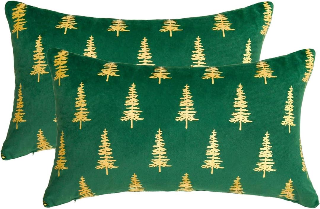 AVOIN colorlife Christmas Green Velvet Throw Pillow Covers 12 x 20 Inch, Gold Foil Print Christmas Tree Design, Glitter Accent Cushion Case Luxury Decoration for Sofa Couch Home Set of 2
