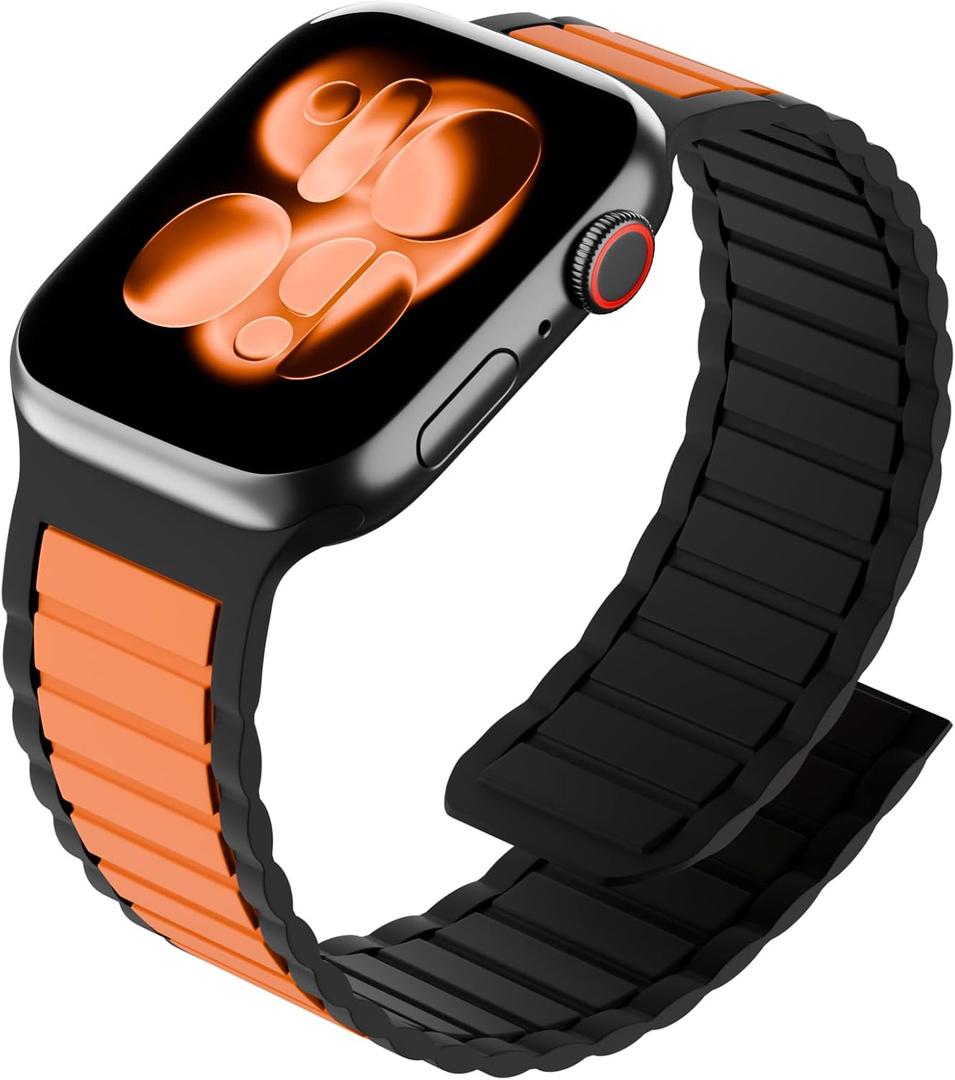 Silicone Magnetic Band Compatible with Apple Watch for 38mm 40mm 41mm 42mm 44mm 45mm 46mm 49mm, Sport Strap Soft Replacement Wristband for iWatch Ultra 3 2 1 Series 11 10 9 SE 8 7 6 5 4 (Orange/Black)