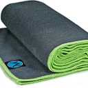 Youphoria Yoga Microfiber Non-Slip Towel - Hot Yoga Mat Towel for Enhanced Grip and Sweat Absorption (Gray Towel/Green Stitching)