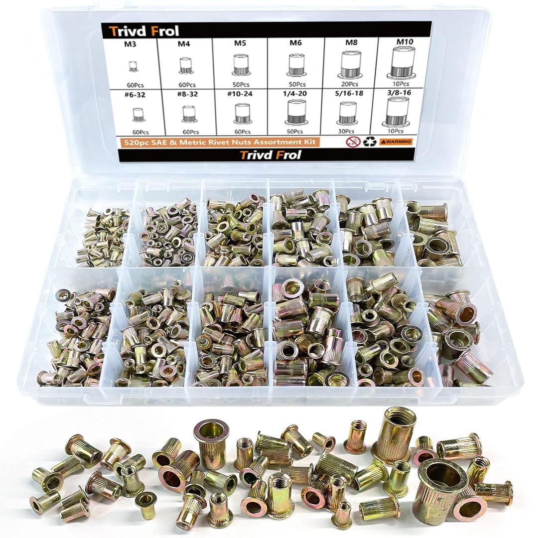 Trivd Frol Rivet Nut Tool Kit, 520pcs SAE & Metric Rivet Nut Assortment Kit w Galvanized Carbon Steel Flat Head Threaded Insert Nuts, Sizes 6-32 8-32 10-24 1/4"-20 5/16"-18 3/8"-16 M3 M4 M5 M6 M8 M10