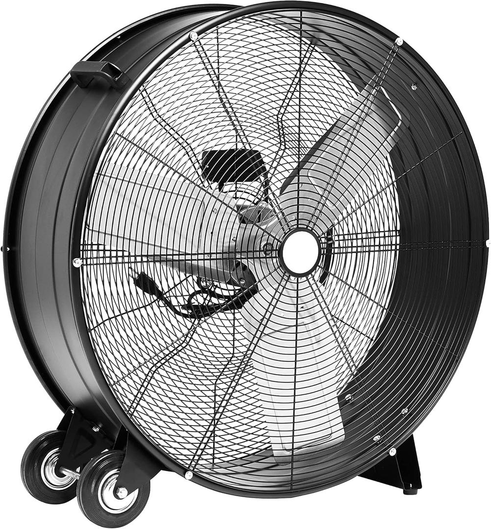 Amazon Basics 30" 300W High-Velocity Heavy-Duty Industrial Drum Fan for Cooling, Metal Housing, UL-Certified Safety Compliance, 2 Speeds, High CFM Up to 12,480, 5.9-ft Power Cord, 2 Wheels, Black