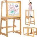 Toddler Tower - Toddler Stool for Kitchen - 3-in-1 Toddler Kitchen Step Stool - Foldable Toddler Tower Features: Tabletop, Step Stool Ladder, and Whiteboard with Included Markers and Dry Eraser (Natural Wood)