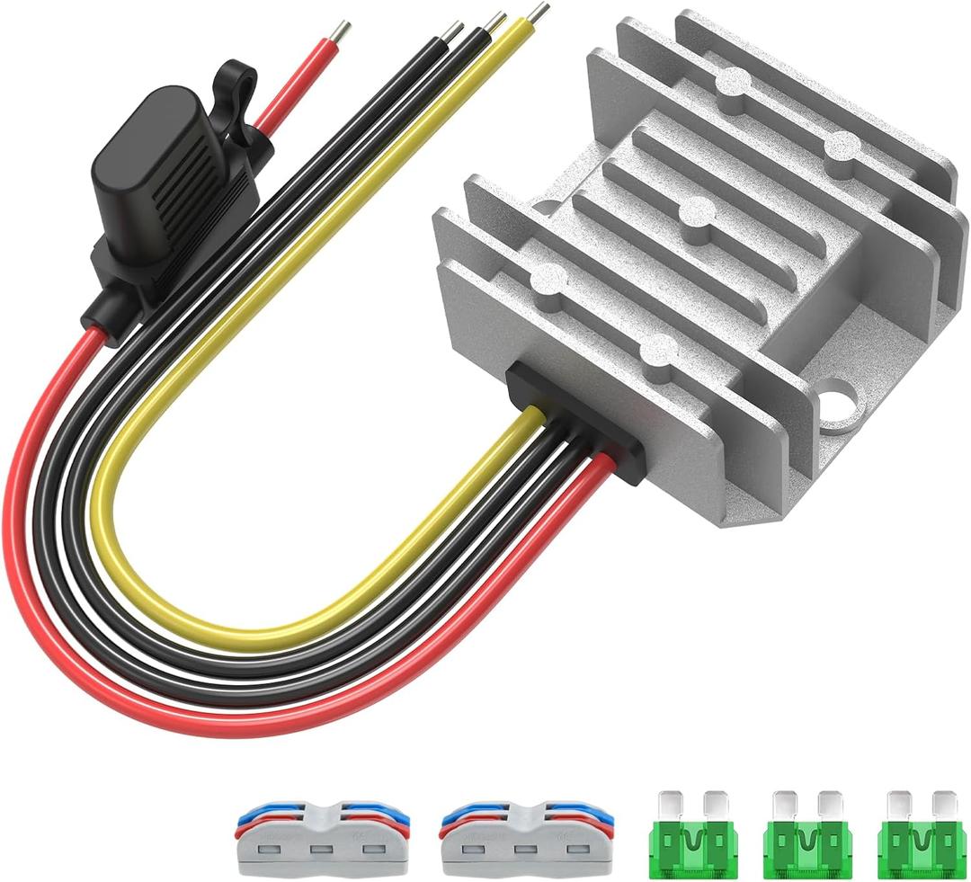 Kzreect 12V 10A 120W Step Down Converter, DC 17-65V to DC 12V Voltage Reducer, Voltage Regulator Transformer with Fuses Holder, Wire Terminals for Golf Cart Club Car Truck Vehicle, 14AWG Wire