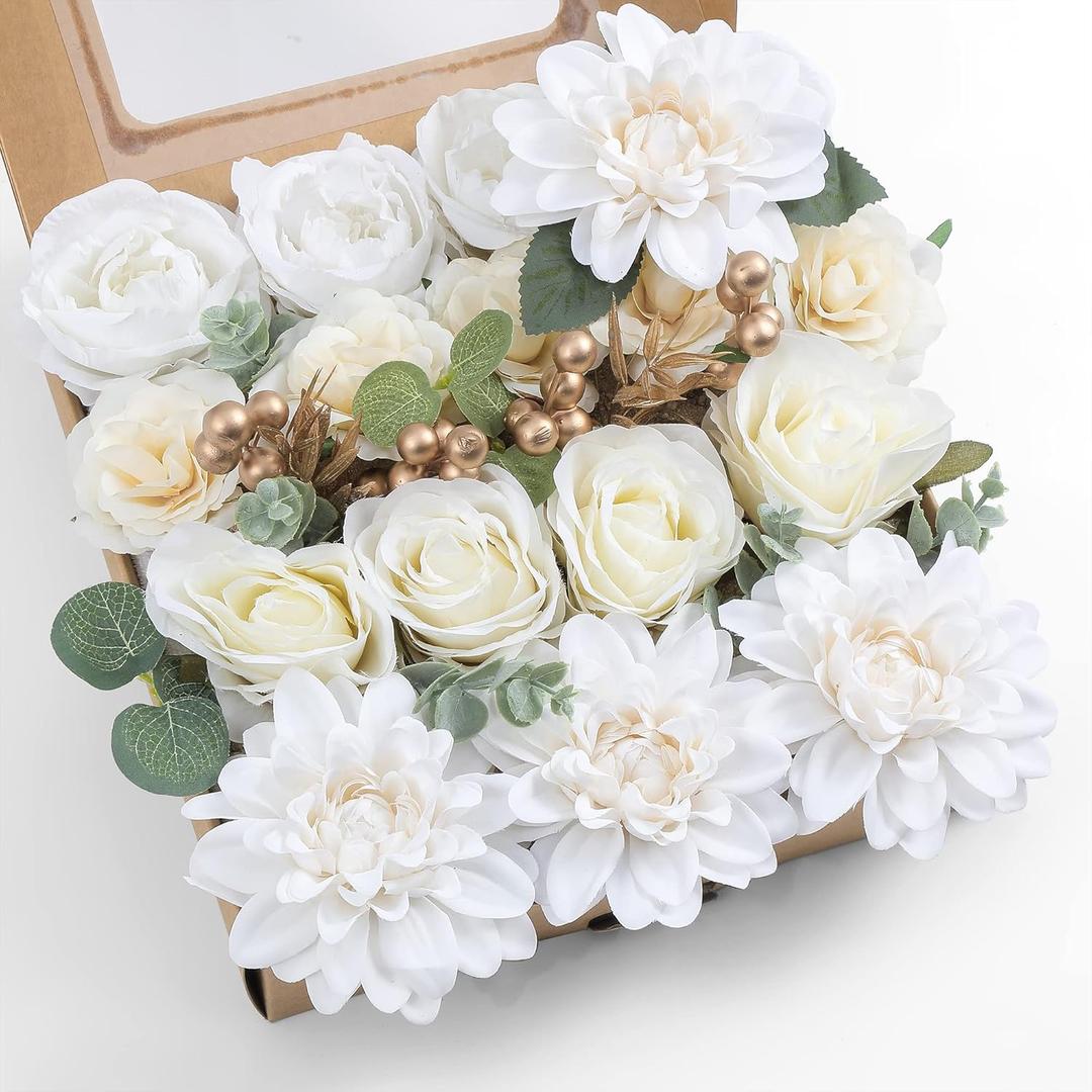 Artificial Flowers Combo, Fake Flowers for DIY Tables Centerpieces Baby Shower Bridal Shower Wedding Bouquet Arrangements Party Candle Holder Cake Decor Flower Home Decorations White