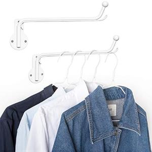 Mkono Wall Mounted Clothes Hanger with Swing Arm Holder Valet Hook Metal Hanging Laundry Drying Rack Space Saver for Closet Organizer, Laundry Room Organization Bathroom, Bedroom, 2 Pcs, White