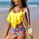 Edelqual Bikini Sets for Women Ruffled Leopard Halter Top Floral High Waisted Tummy Control Crisscross Tie Back Bathing Suit (Yellow, L)